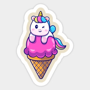 Cute Unicorn On Ice Cream Cone Cartoon Sticker